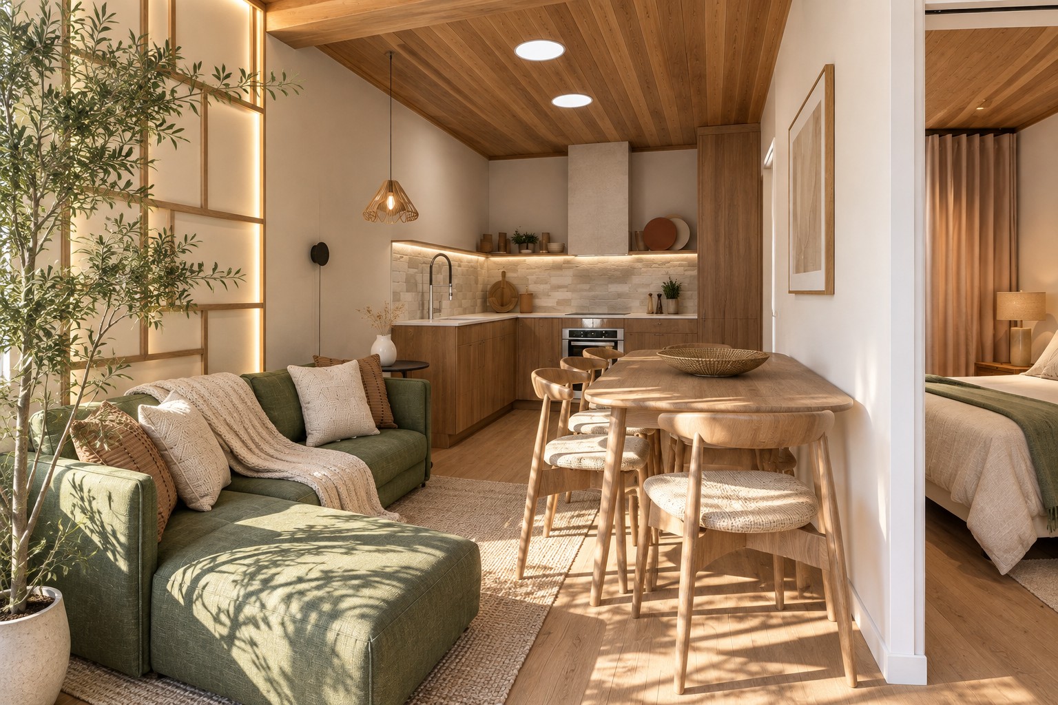A mesma sala de um estúdio em Cascais redesenhada com madeira clara, sofá em tom oliva e luz suave